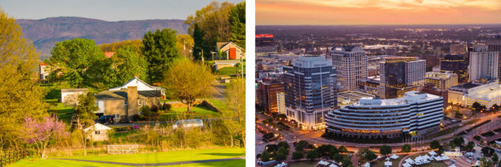 Split image: Left picture depicting rural Shenandoah Valley, VA. Right picture depicting downtown Norfolk, VA.